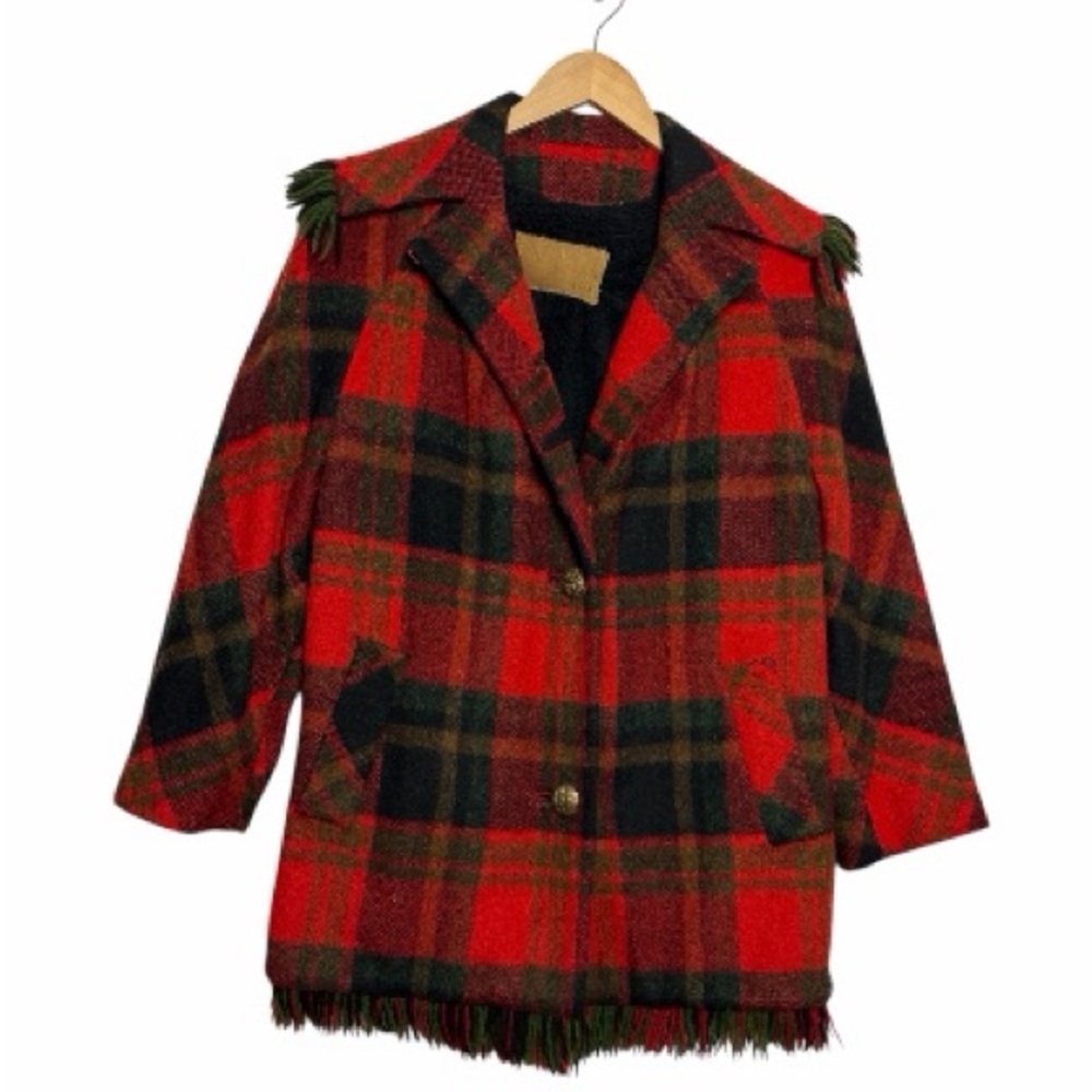 1960’s Red Plaid Wool Coat With Fringe Village Casuals By Fashionbilt Medium